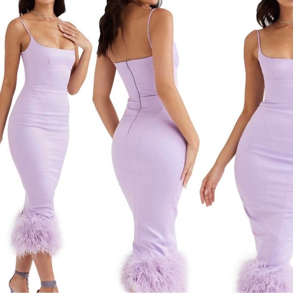 House of CB Dresses House Of Cb Helena Feather Trim Satin Midi